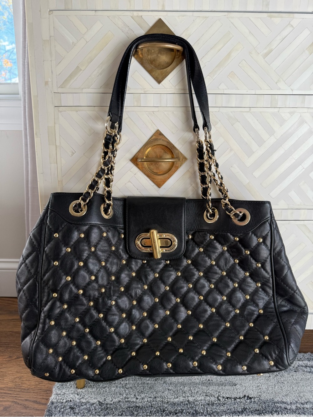 Black Quilted Studded Shoulder Bag with Gold Hardware